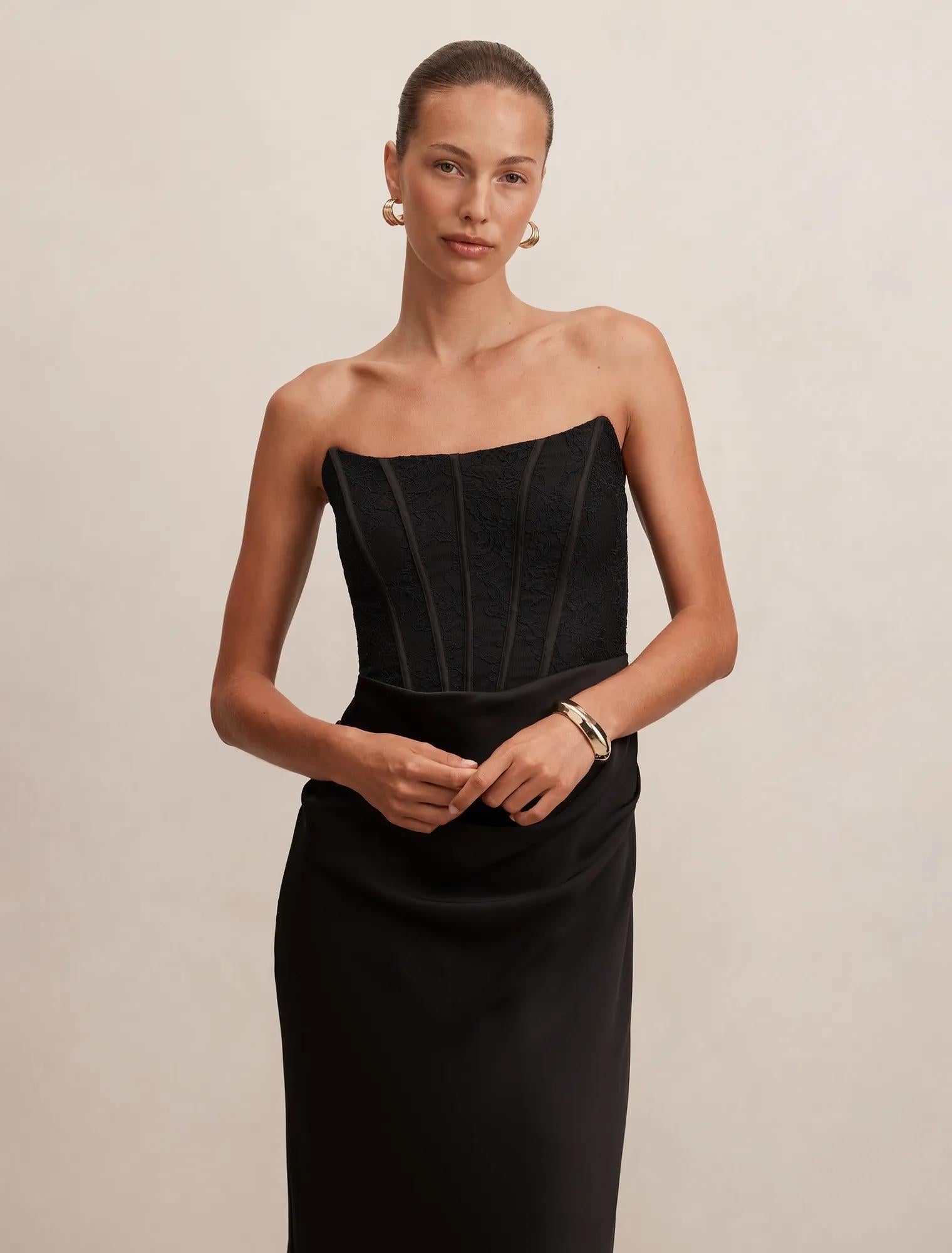 Ivy Lace Corset Drape Maxi Black