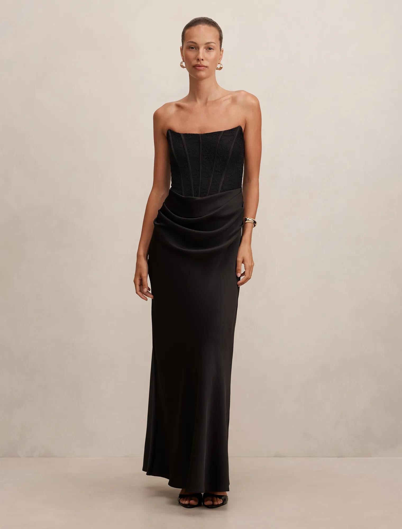Ivy Lace Corset Drape Maxi Black