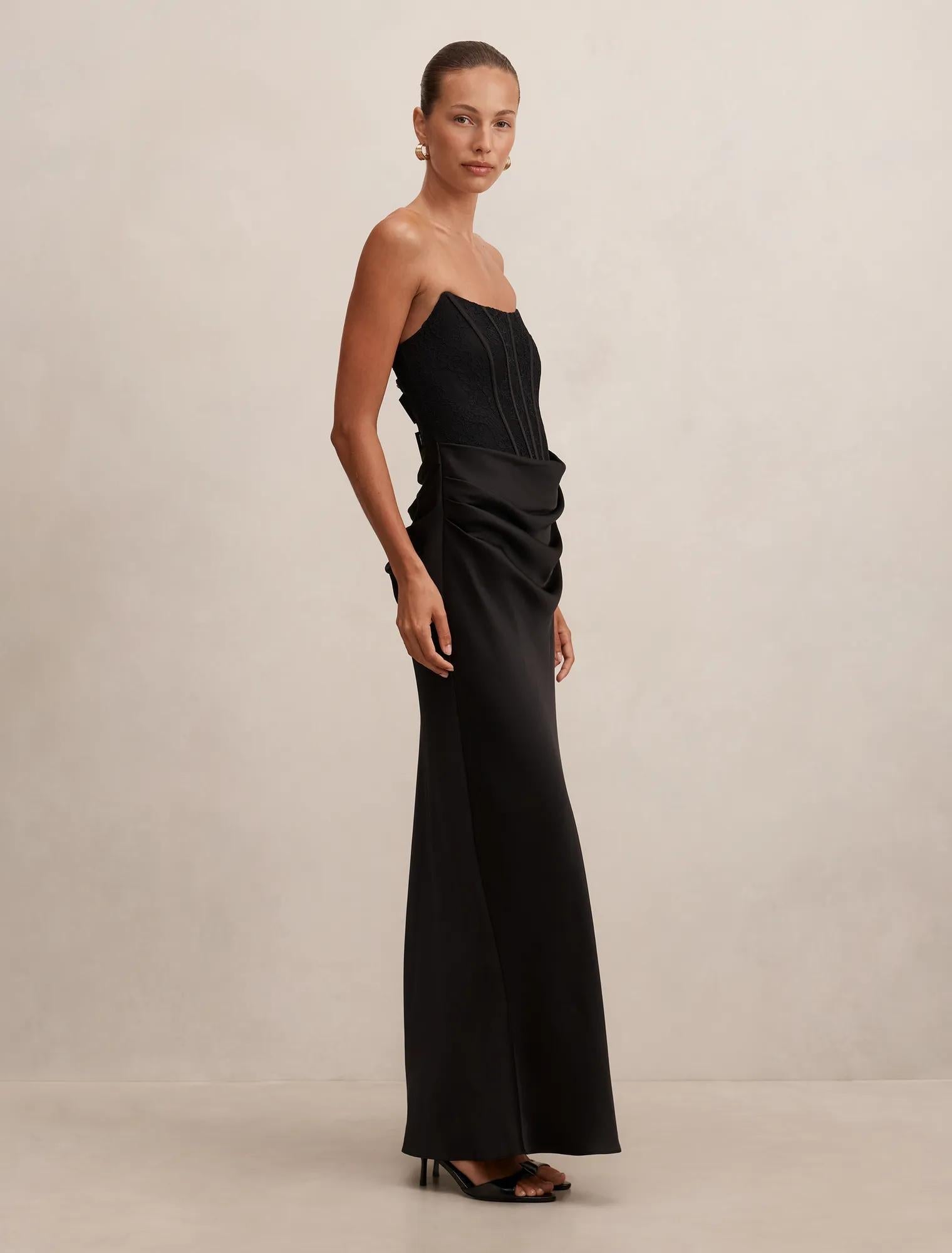 Ivy Lace Corset Drape Maxi Black