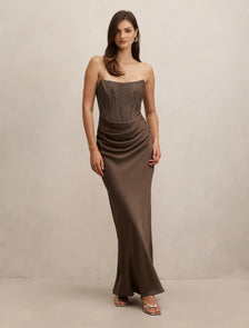 Ivy Lace Corset Drape Maxi Dress Olive Night