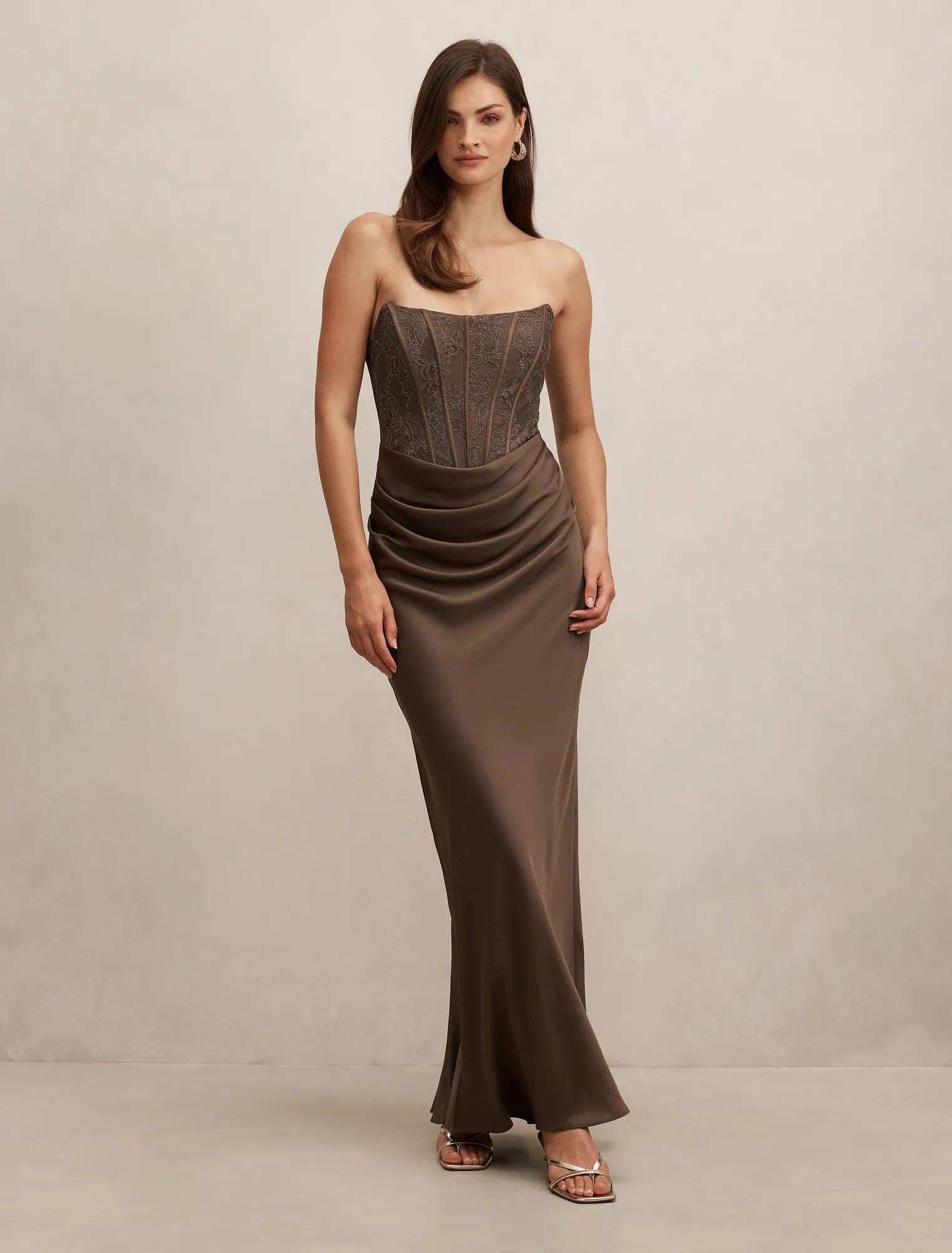 Ivy Lace Corset Drape Maxi Dress Olive Night