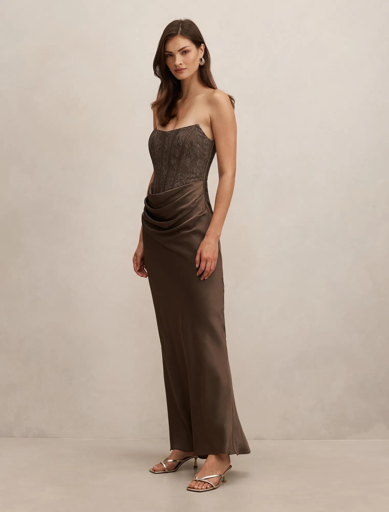 Ivy Lace Corset Drape Maxi Dress Olive Night