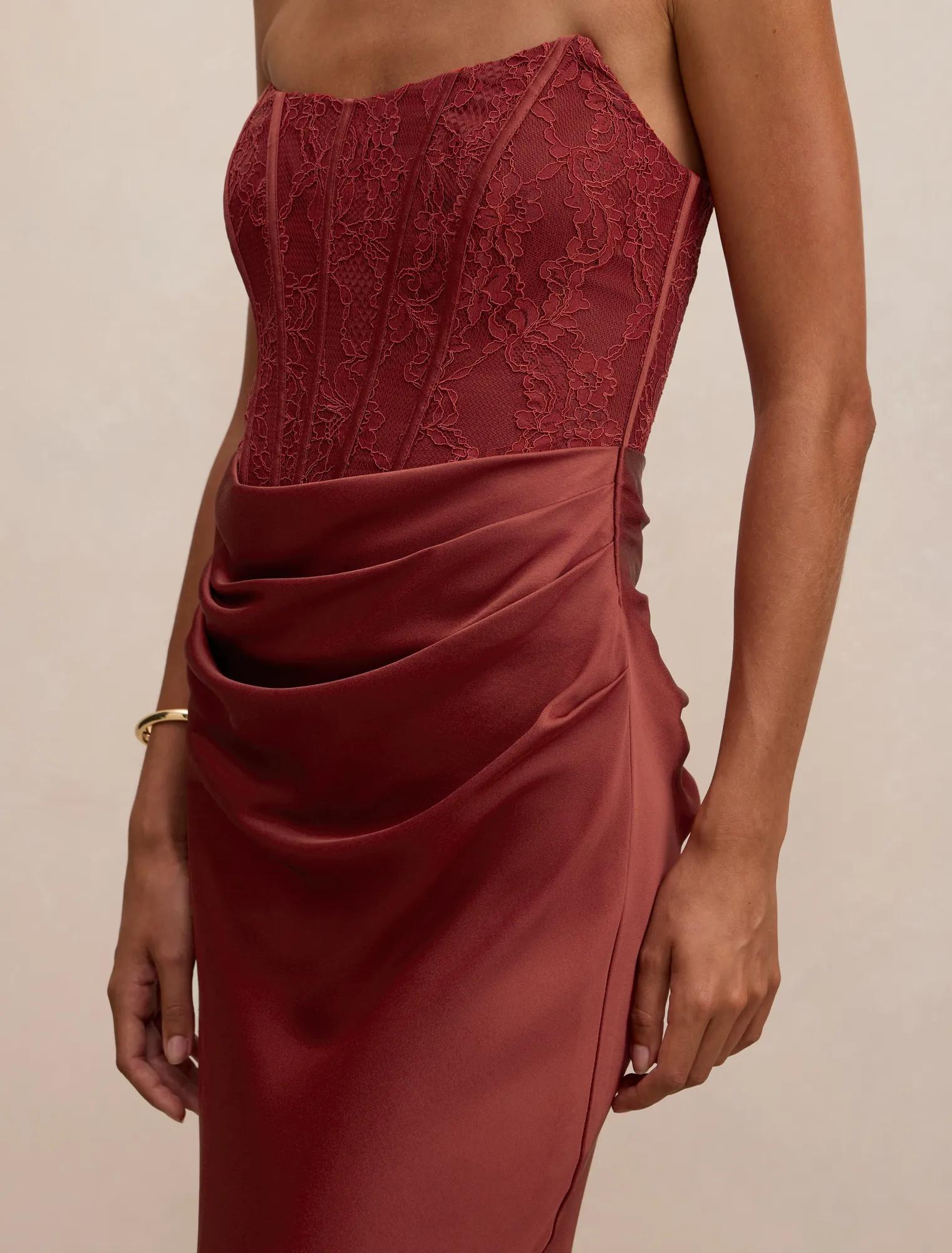 Ivy Lace Corset Drape Maxi Rust