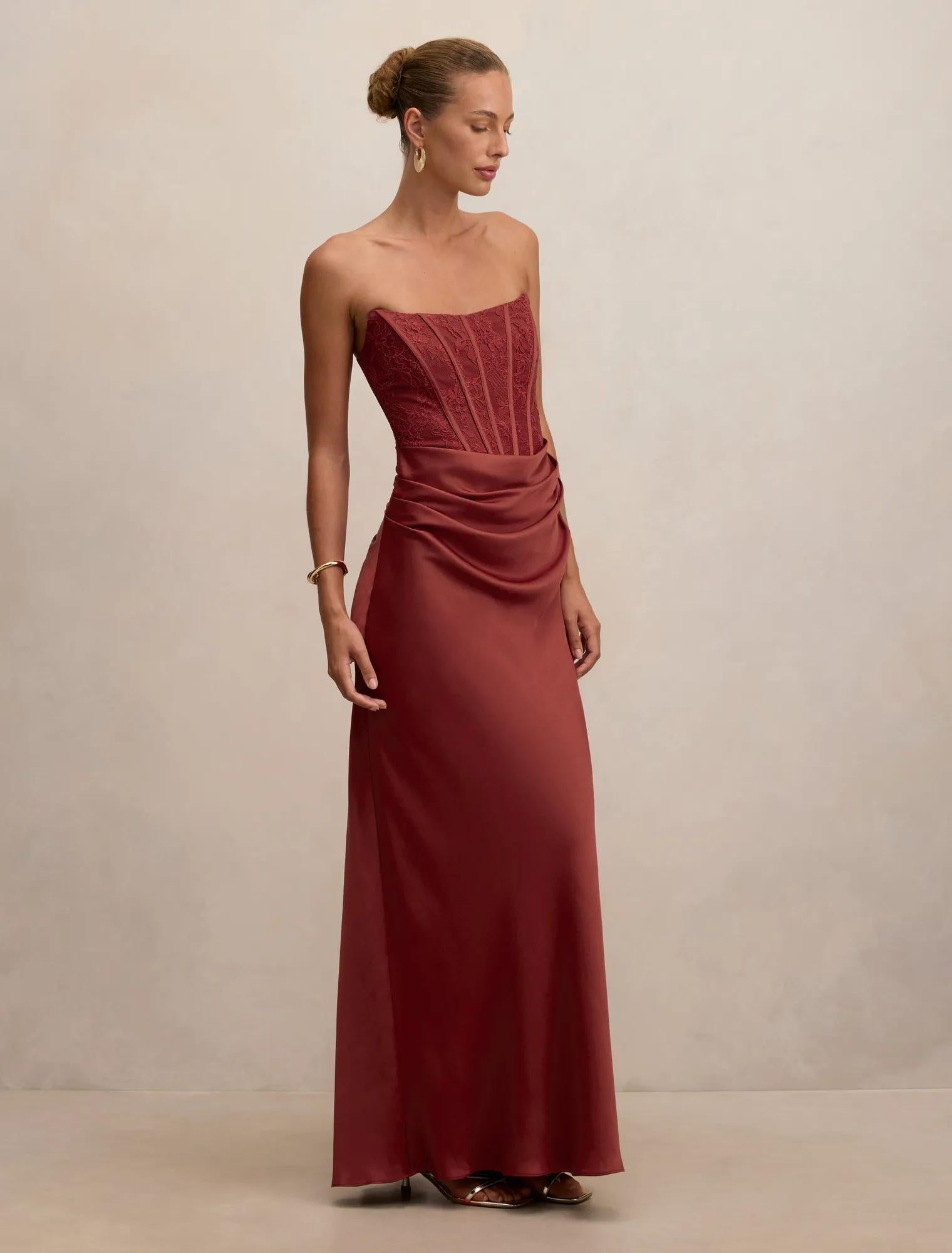 Ivy Lace Corset Drape Maxi Rust