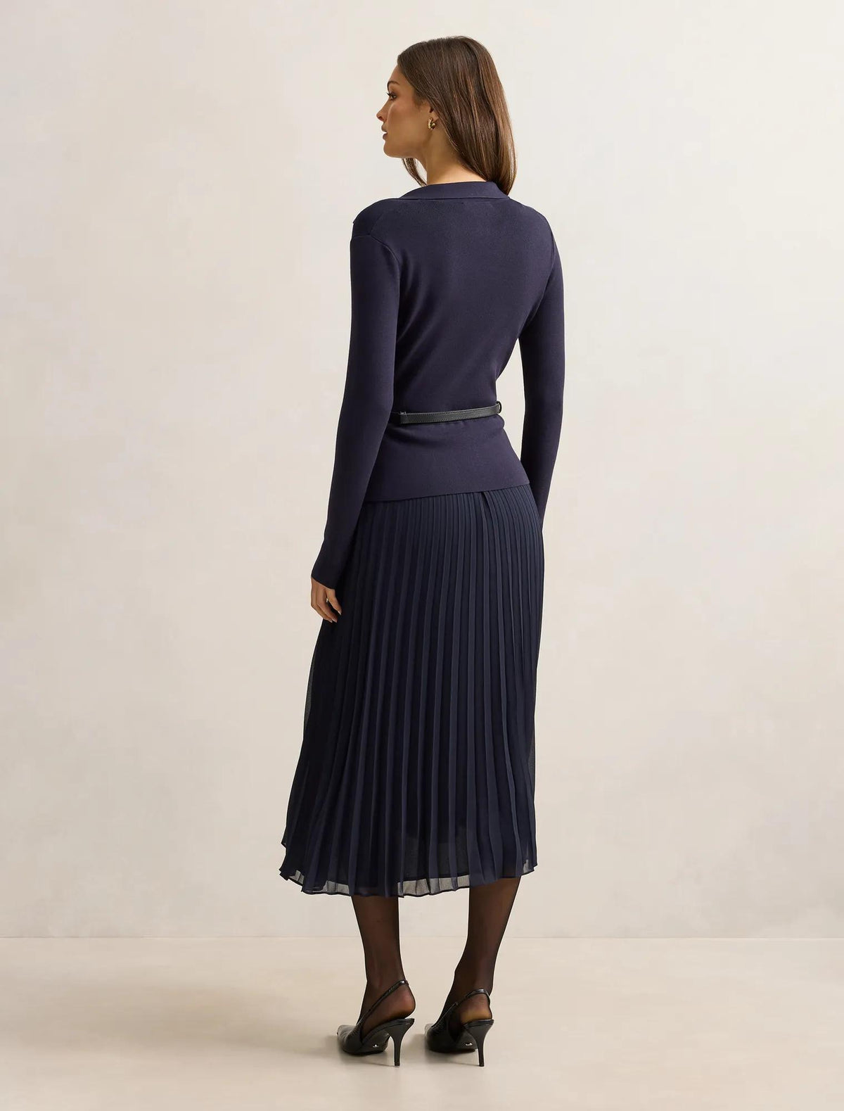Chelsea Pleat Mixed Midi Dress Navy