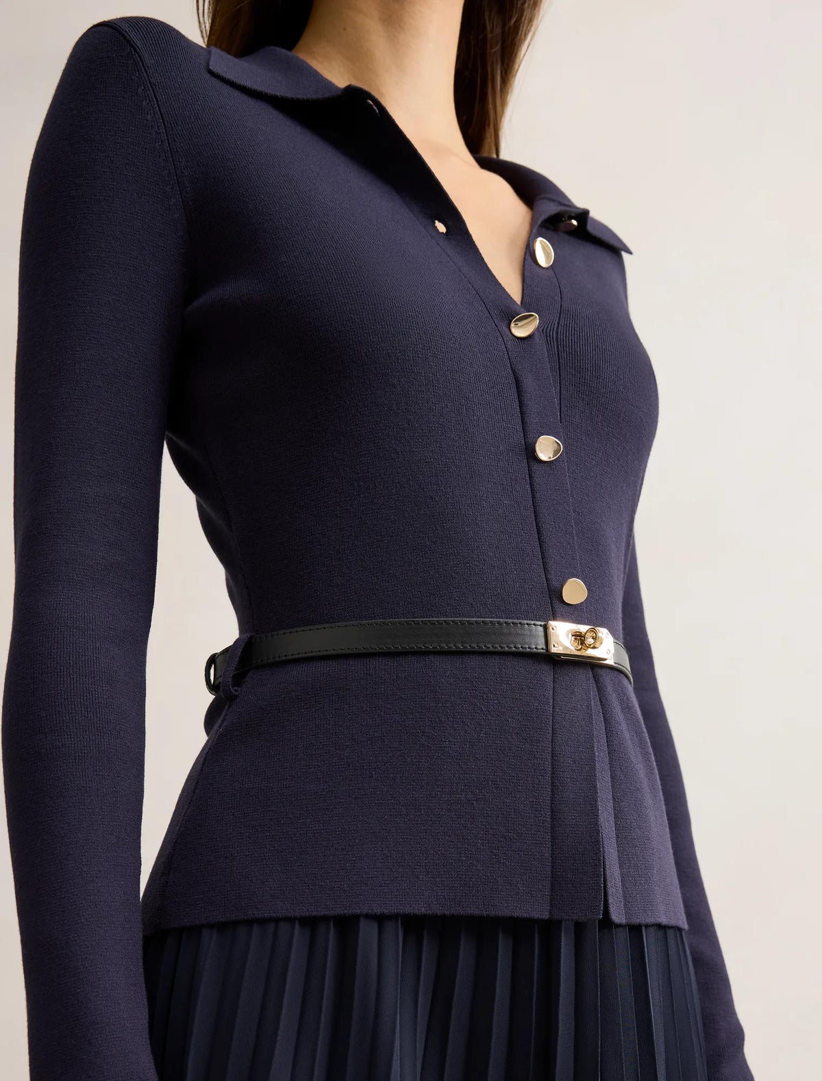 Chelsea Pleat Mixed Midi Dress Navy