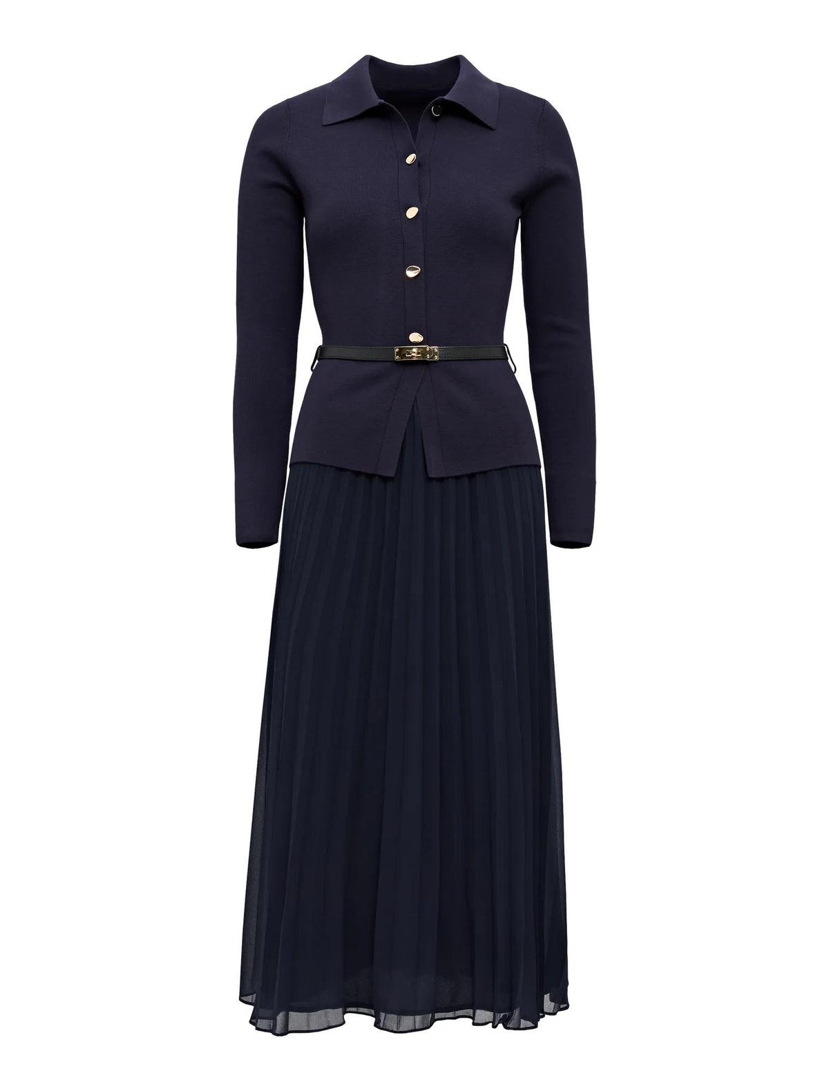 Chelsea Pleat Mixed Midi Dress Navy_mannequin