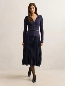 Chelsea Pleat Mixed Midi Dress Navy