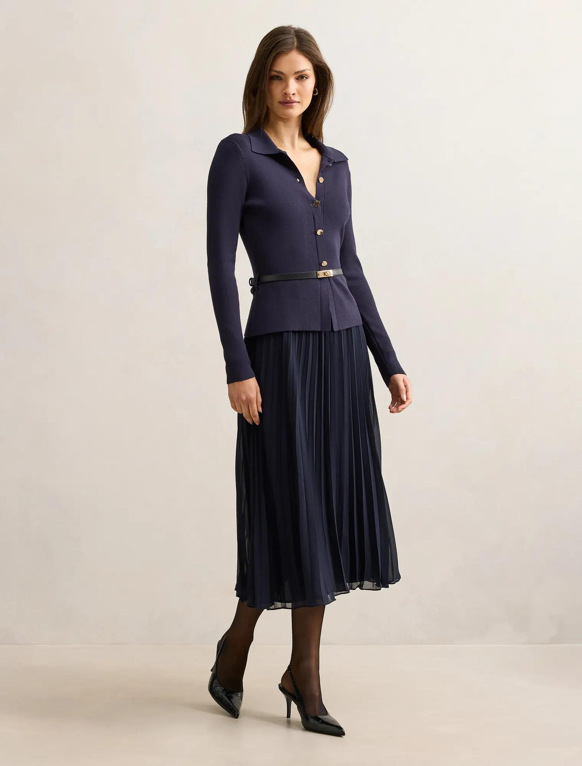 Chelsea Pleat Mixed Midi Dress Navy