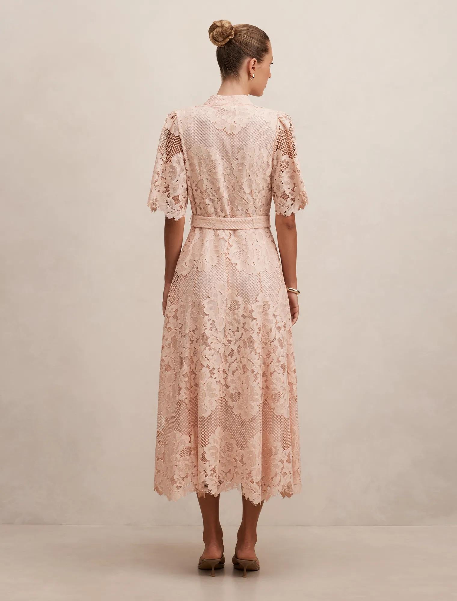 Liberty Flutter Sleeve Lace Midi Dress Soft Pink