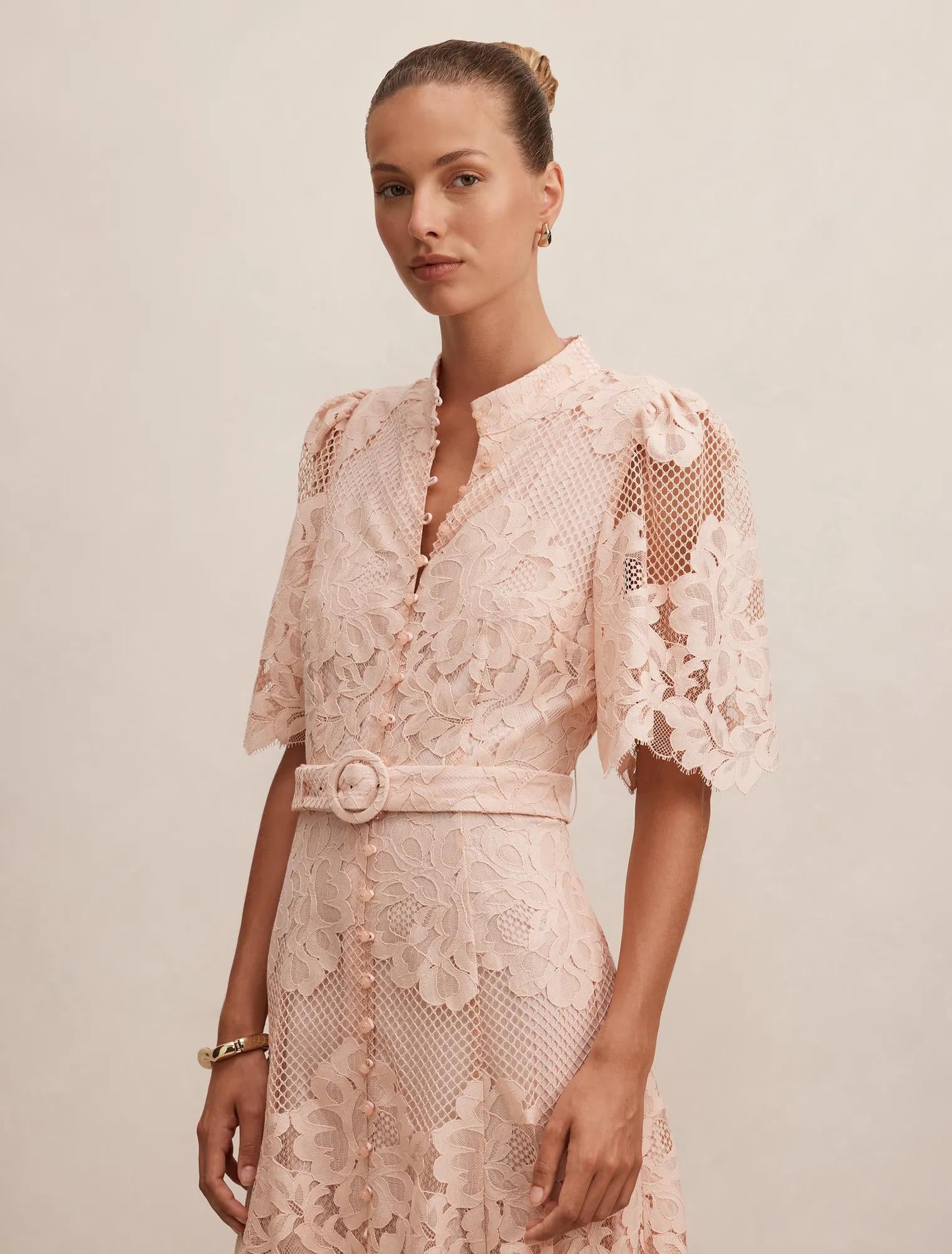 Liberty Flutter Sleeve Lace Midi Dress Soft Pink
