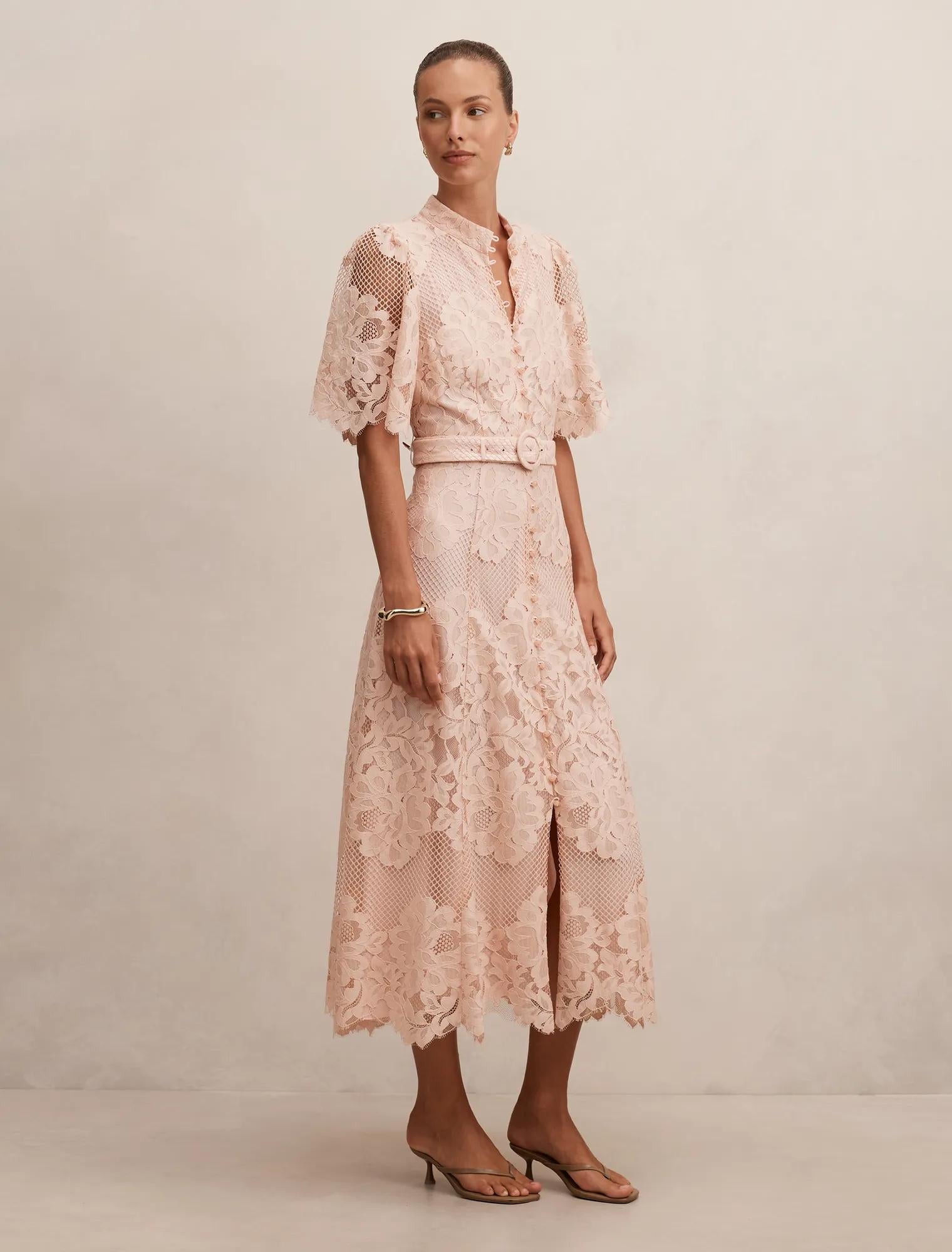Liberty Flutter Sleeve Lace Midi Dress Soft Pink