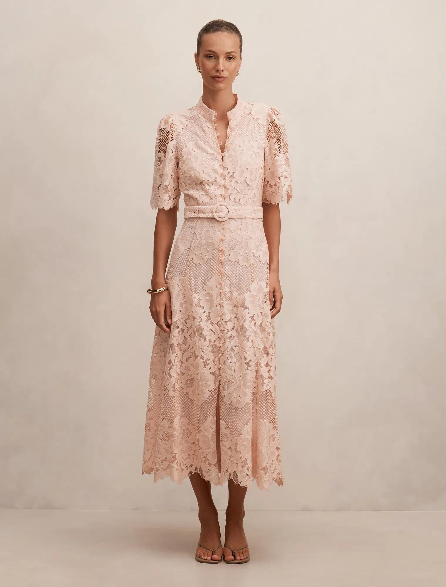 Liberty Flutter Sleeve Lace Midi Dress Soft Pink