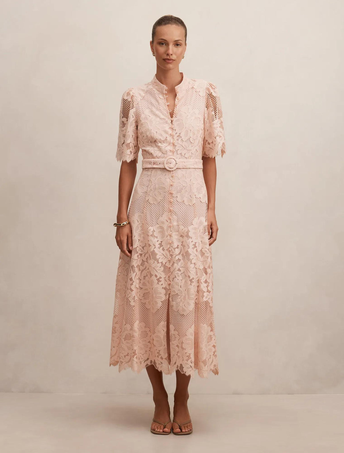 Liberty Flutter Sleeve Lace Midi Dress Soft Pink