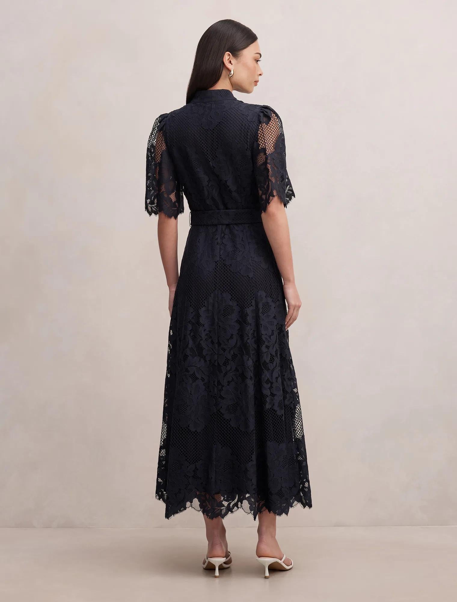 Liberty Flutter Sleeve Lace Midi Dress Navy