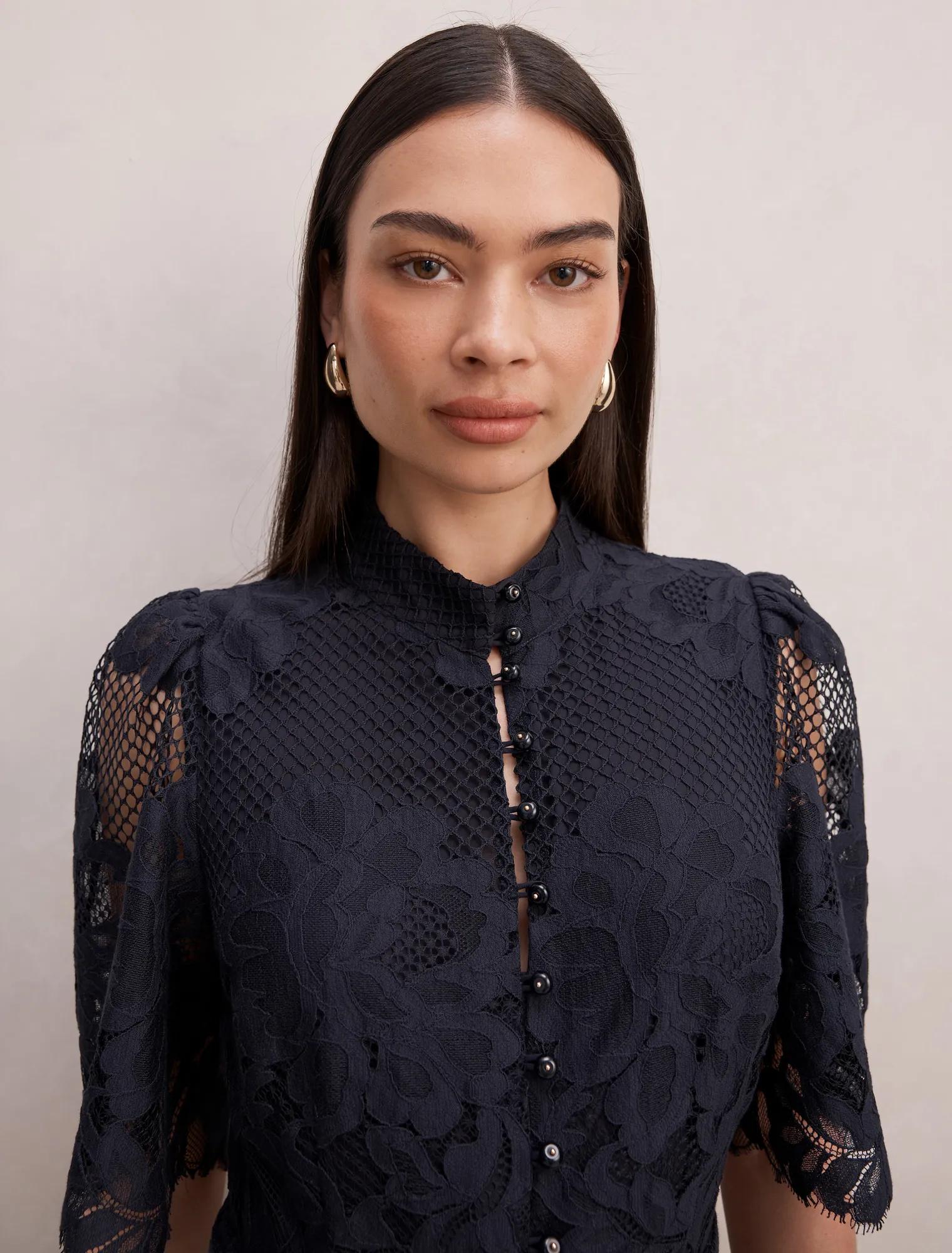 Liberty Flutter Sleeve Lace Midi Dress Navy
