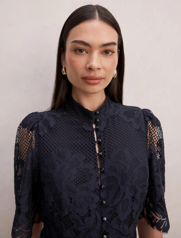 Liberty Flutter Sleeve Lace Midi Dress Navy