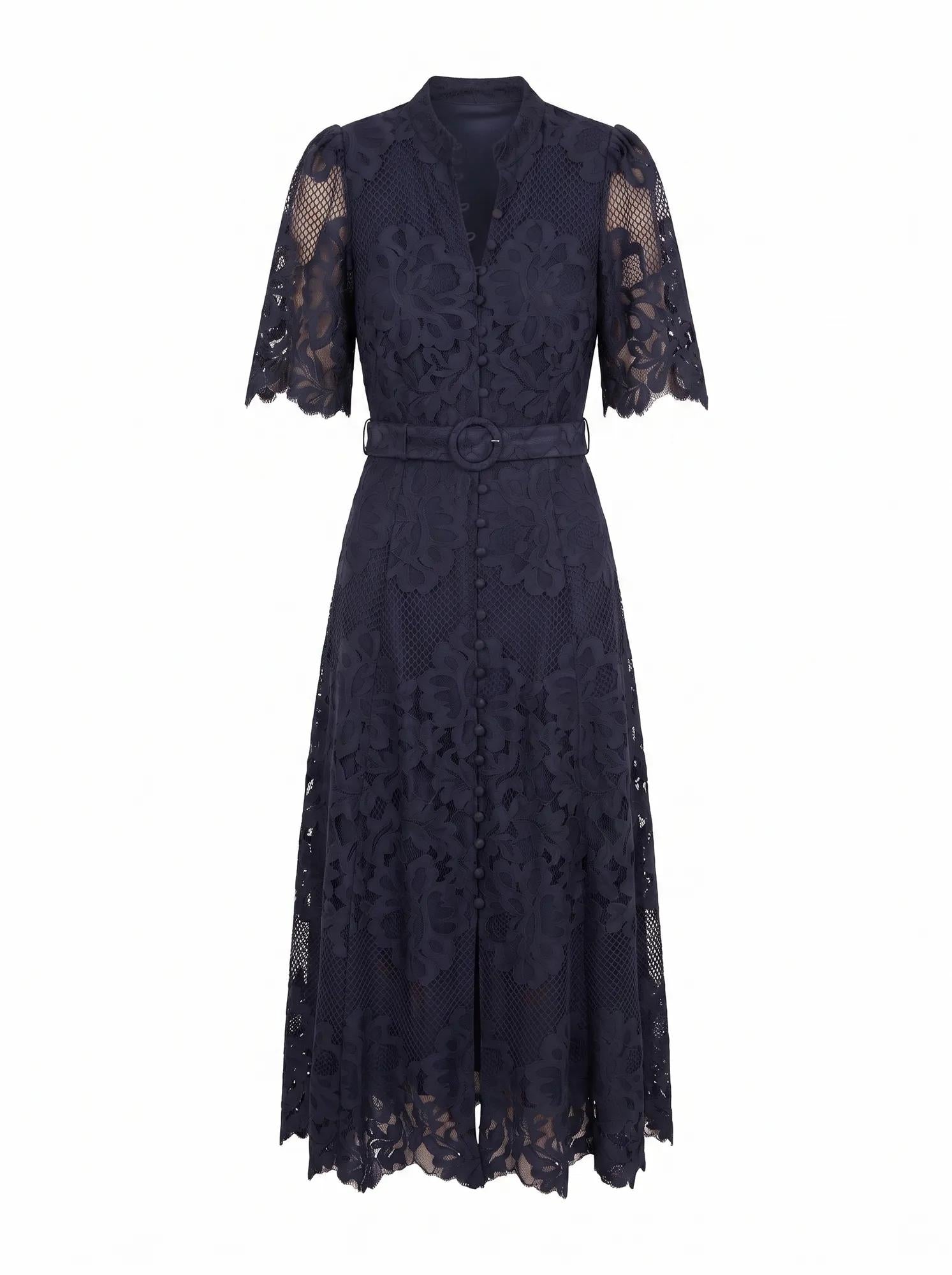 Liberty Flutter Sleeve Lace Midi Dress Navy_mannequin