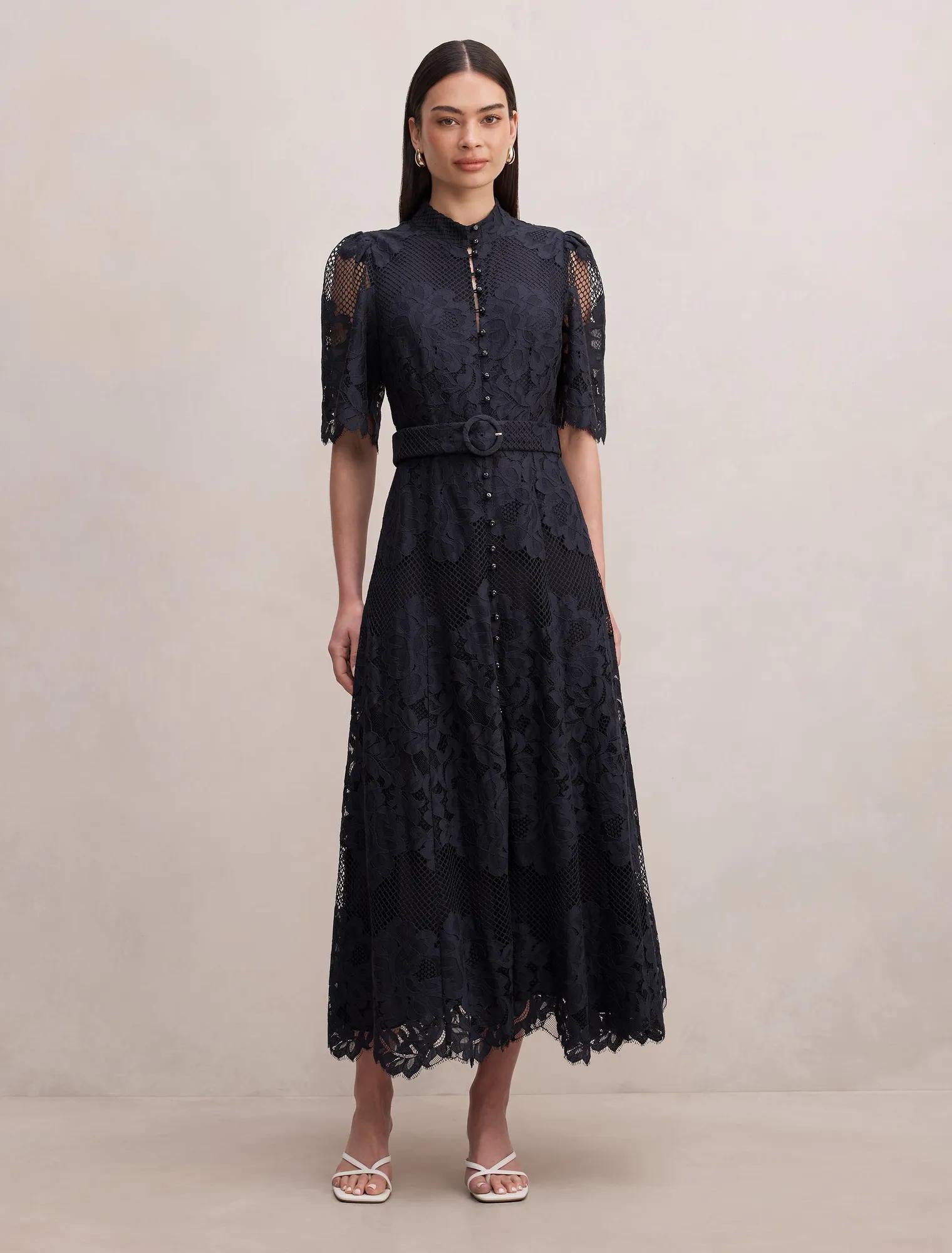 Liberty Flutter Sleeve Lace Midi Dress Navy