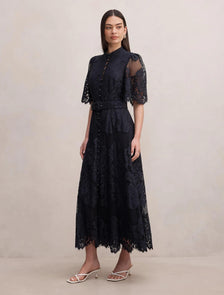Liberty Flutter Sleeve Lace Midi Dress Navy