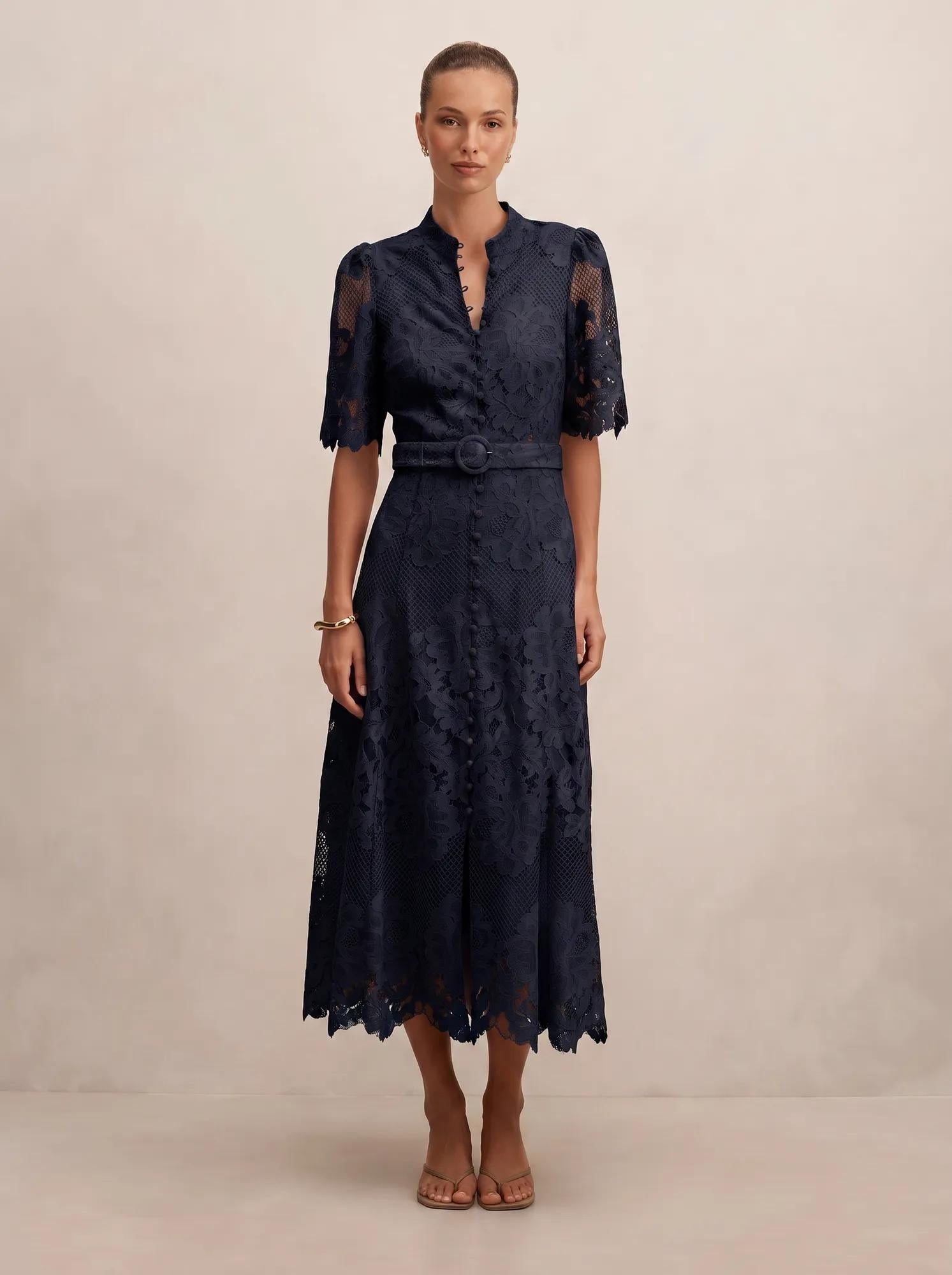 Liberty Flutter Sleeve Lace Midi Dress Navy