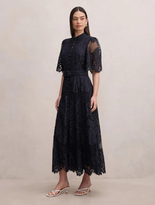 Liberty Flutter Sleeve Lace Midi Dress Navy