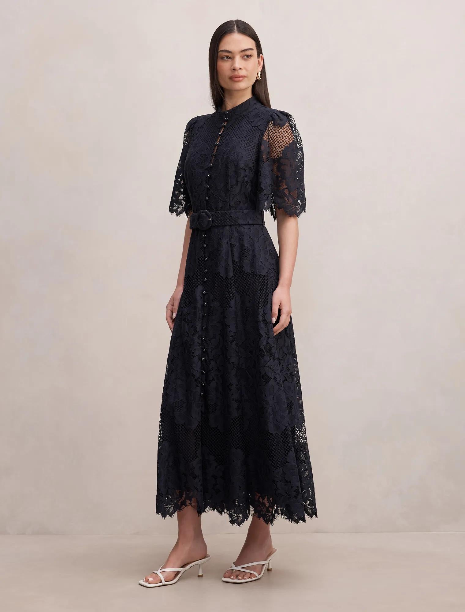 Liberty Flutter Sleeve Lace Midi Dress Navy