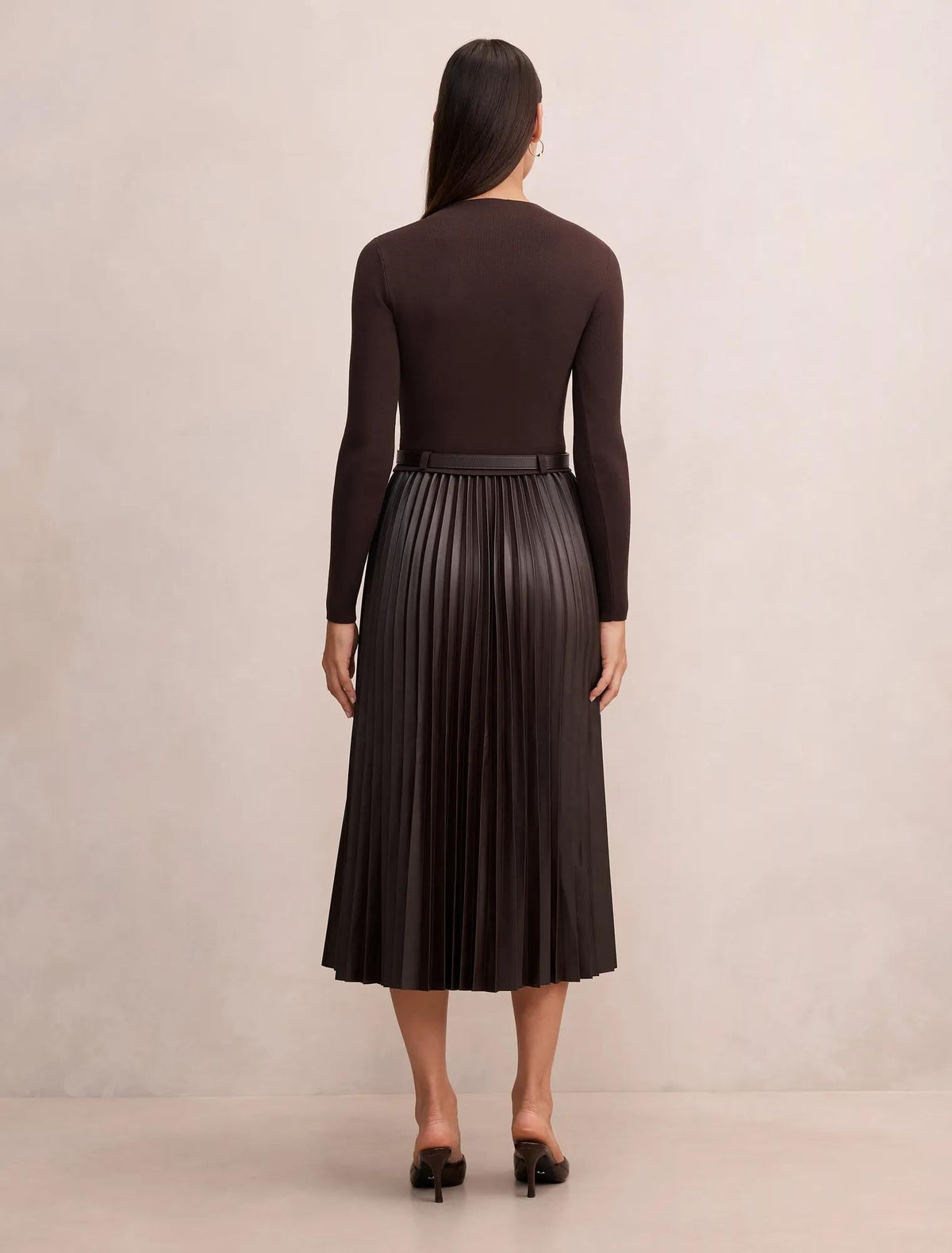 Gianna PU Pleated Midi Chocolate