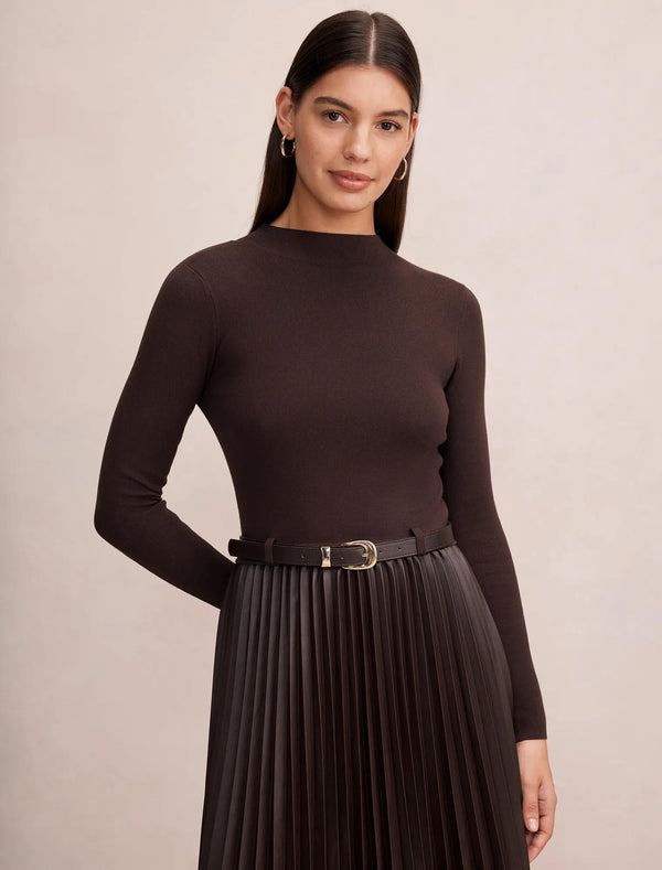 Gianna PU Pleated Midi Chocolate