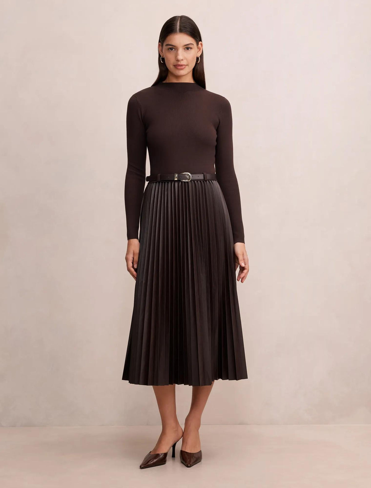 Gianna PU Pleated Midi Chocolate