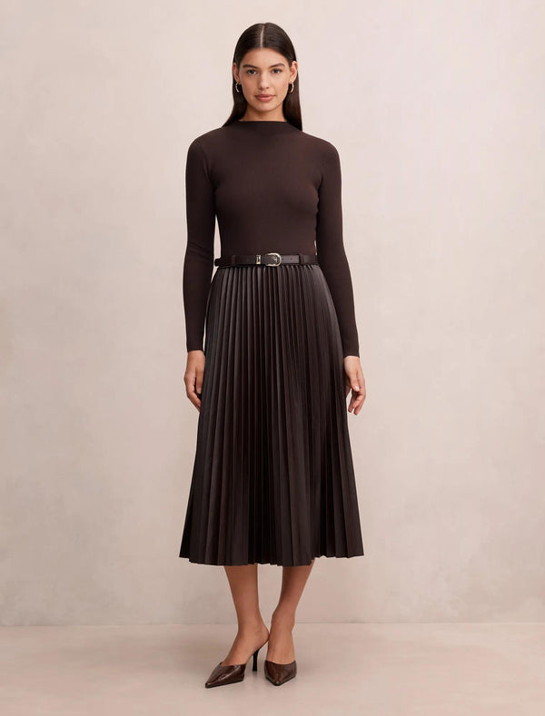 Gianna PU Pleated Midi Chocolate