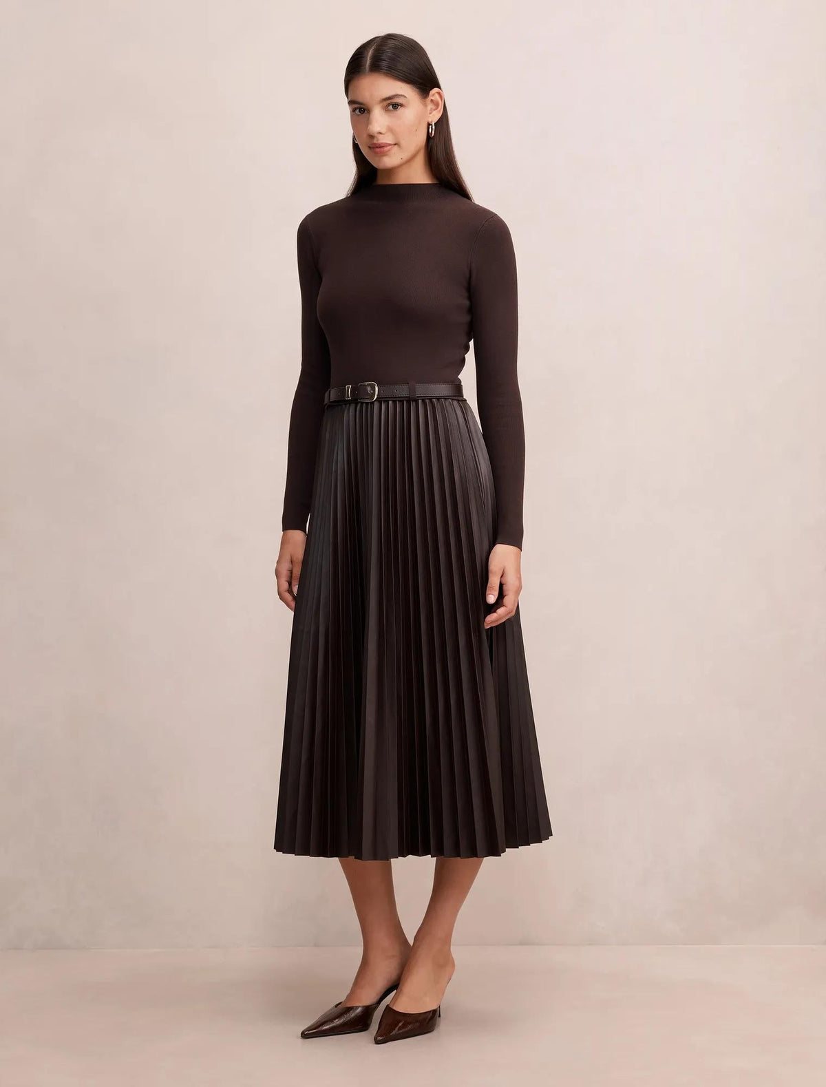 Gianna PU Pleated Midi Chocolate