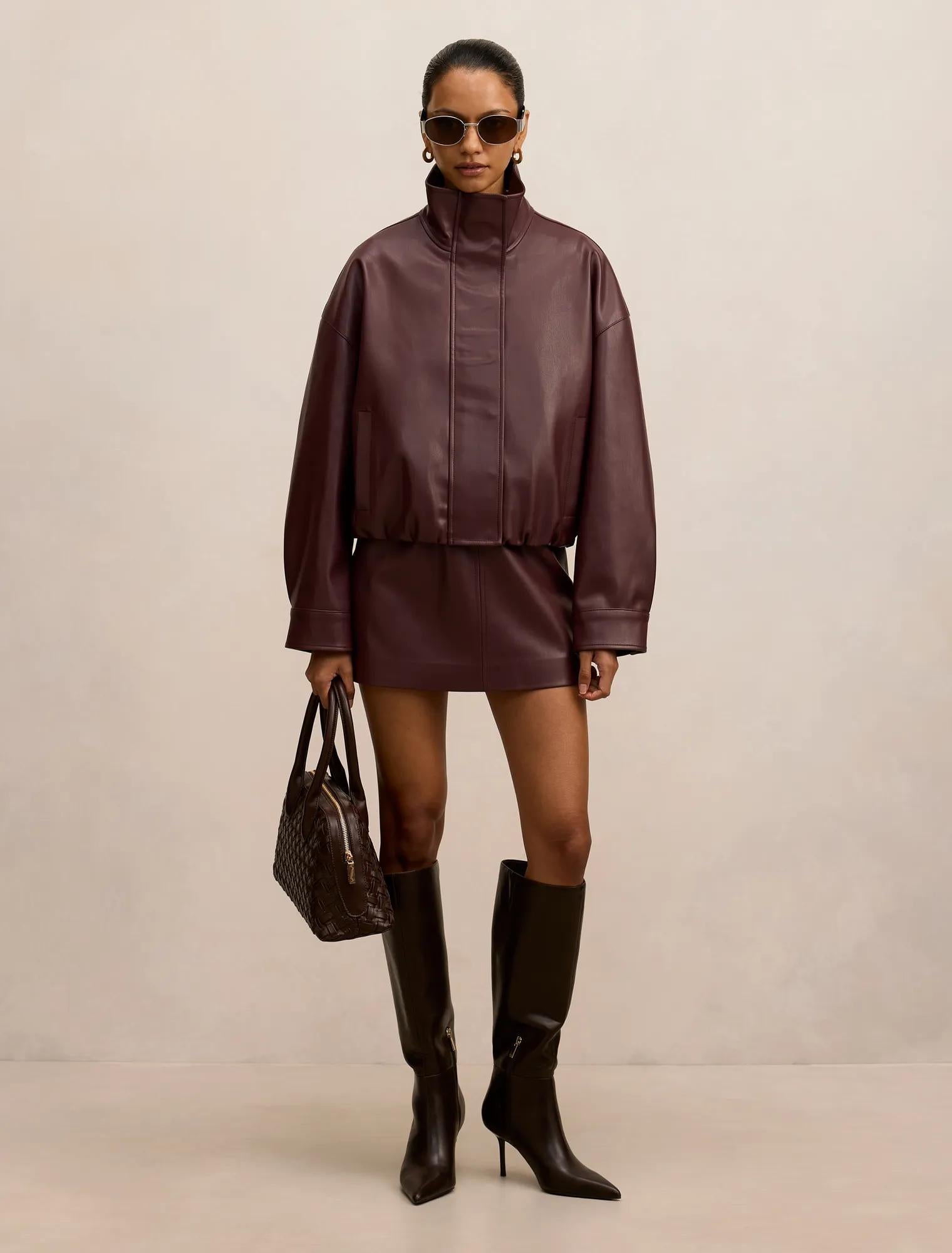 Renee Petite Vegan Leather Mini Skirt Berry Co-Ord