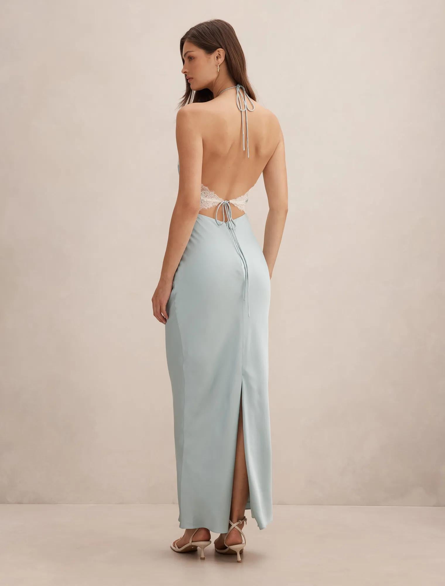 Kelli Lace Strappy Satin Maxi Dress Soft Blue