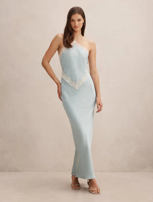 Kelli Lace Strappy Satin Maxi Dress Soft Blue