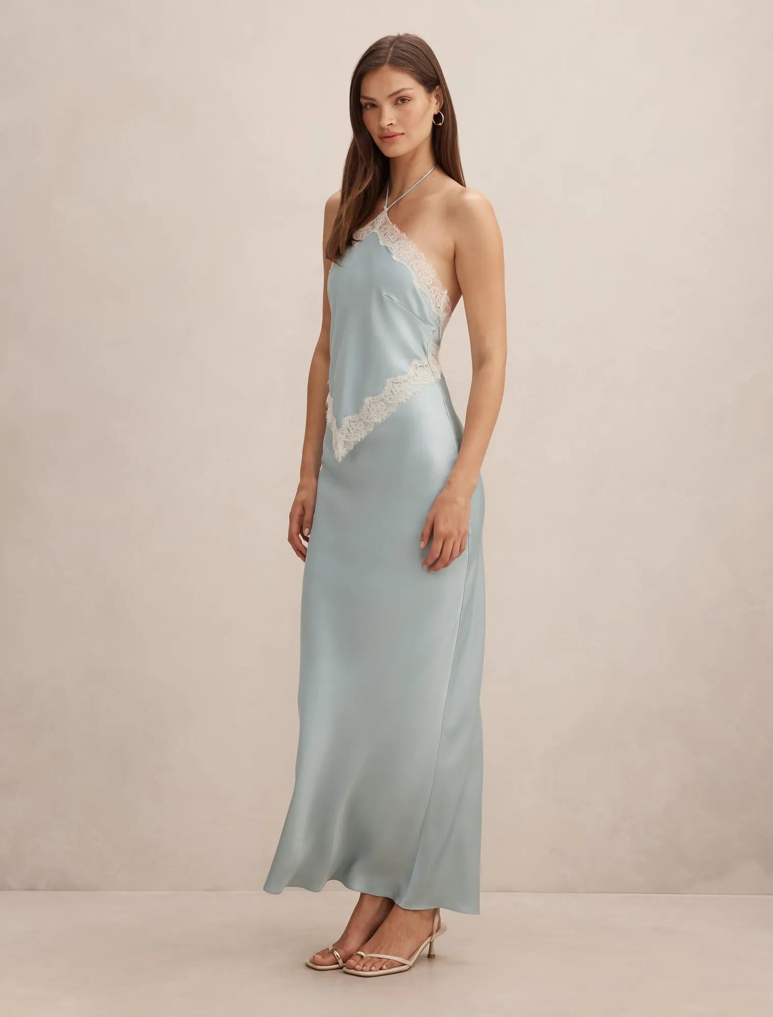 Kelli Lace Strappy Satin Maxi Dress Soft Blue