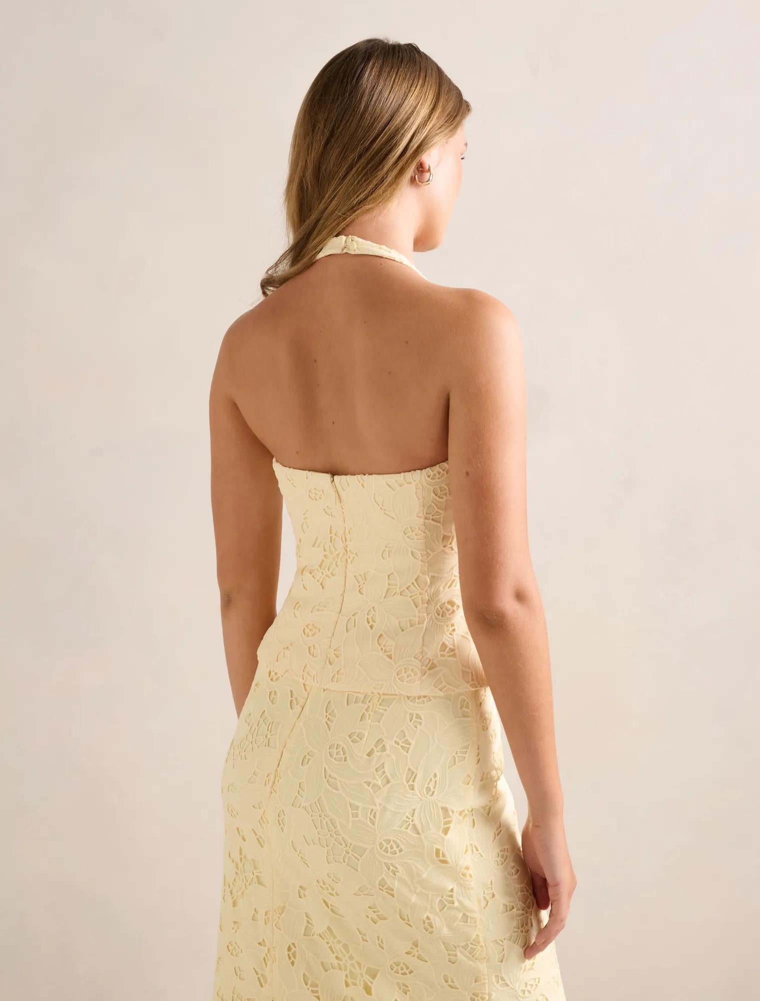 Sally Lace Halter Top Soft Yellow co-ord