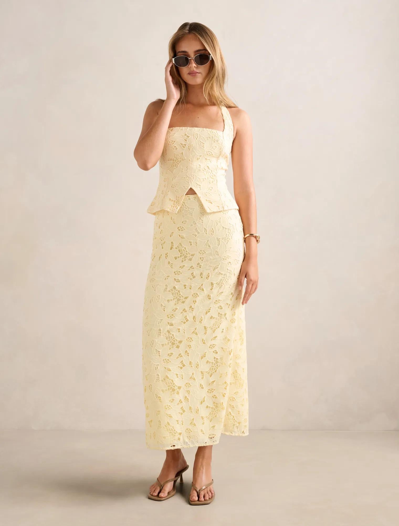 Sally Lace Halter Top Soft Yellow co-ord