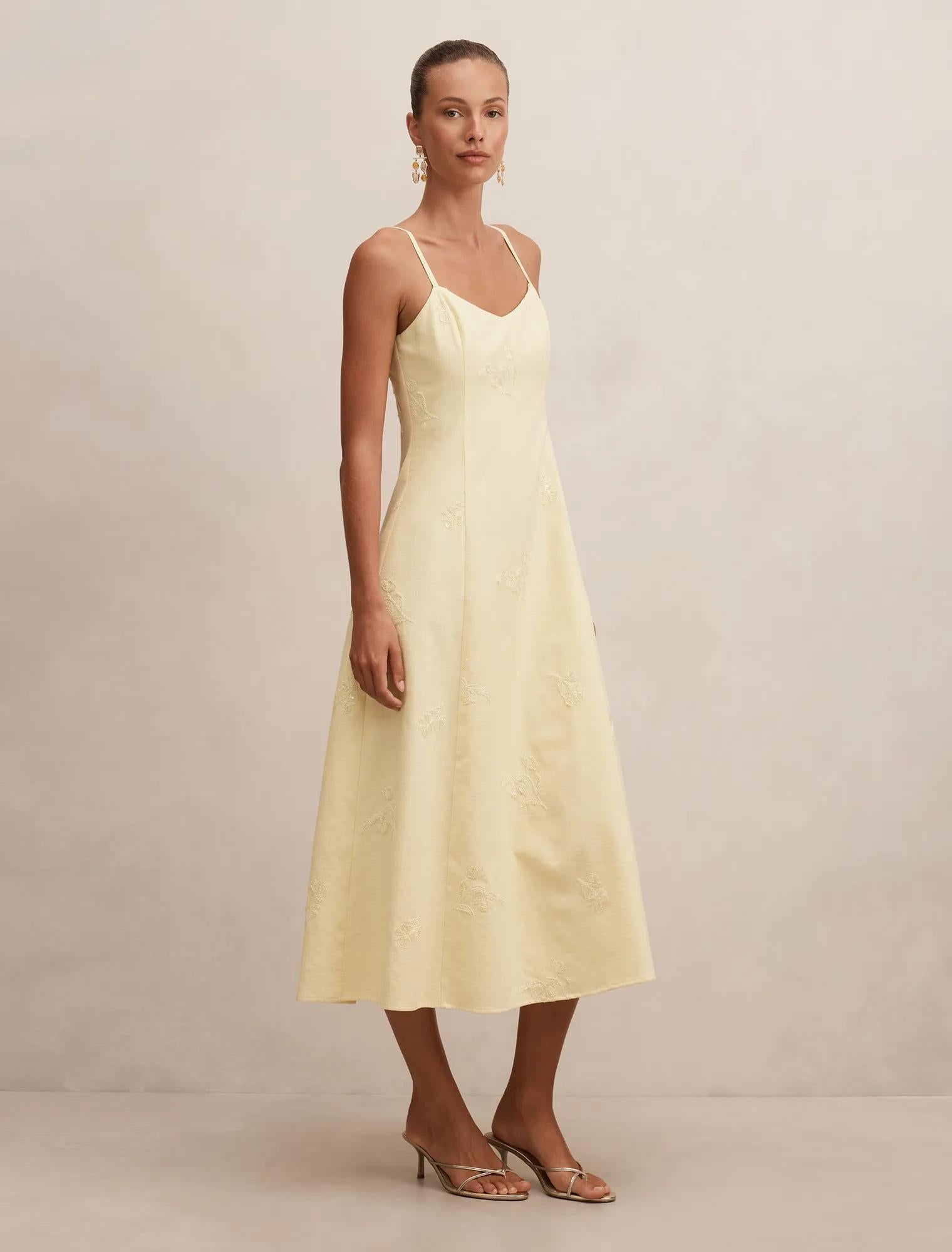 Tiffany Embroidery Sequin Midi Spring Daffodil