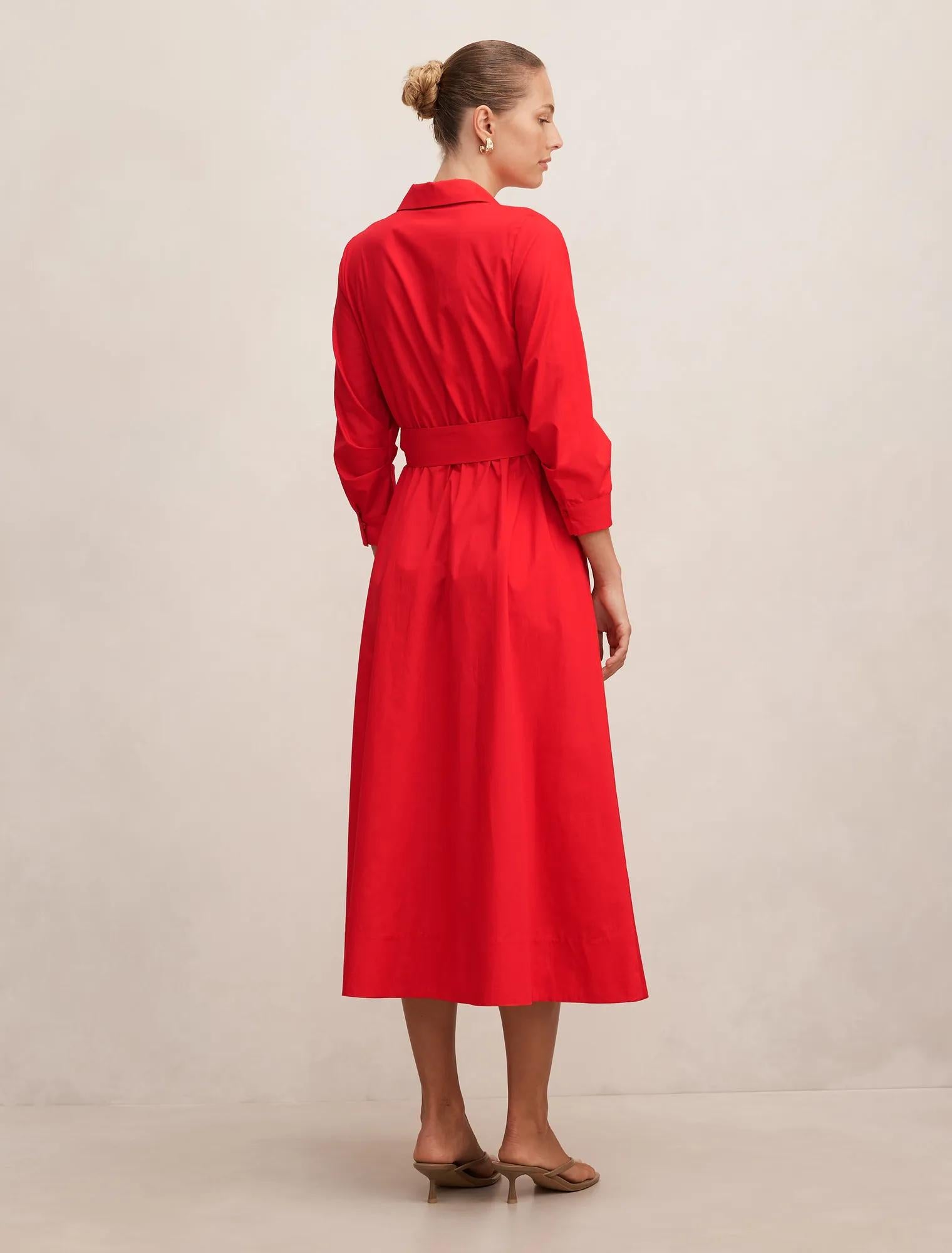 Sally Cotton Shirt Midi Dress Red