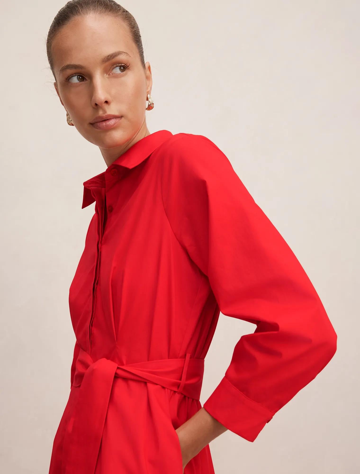 Sally Cotton Shirt Midi Dress Red