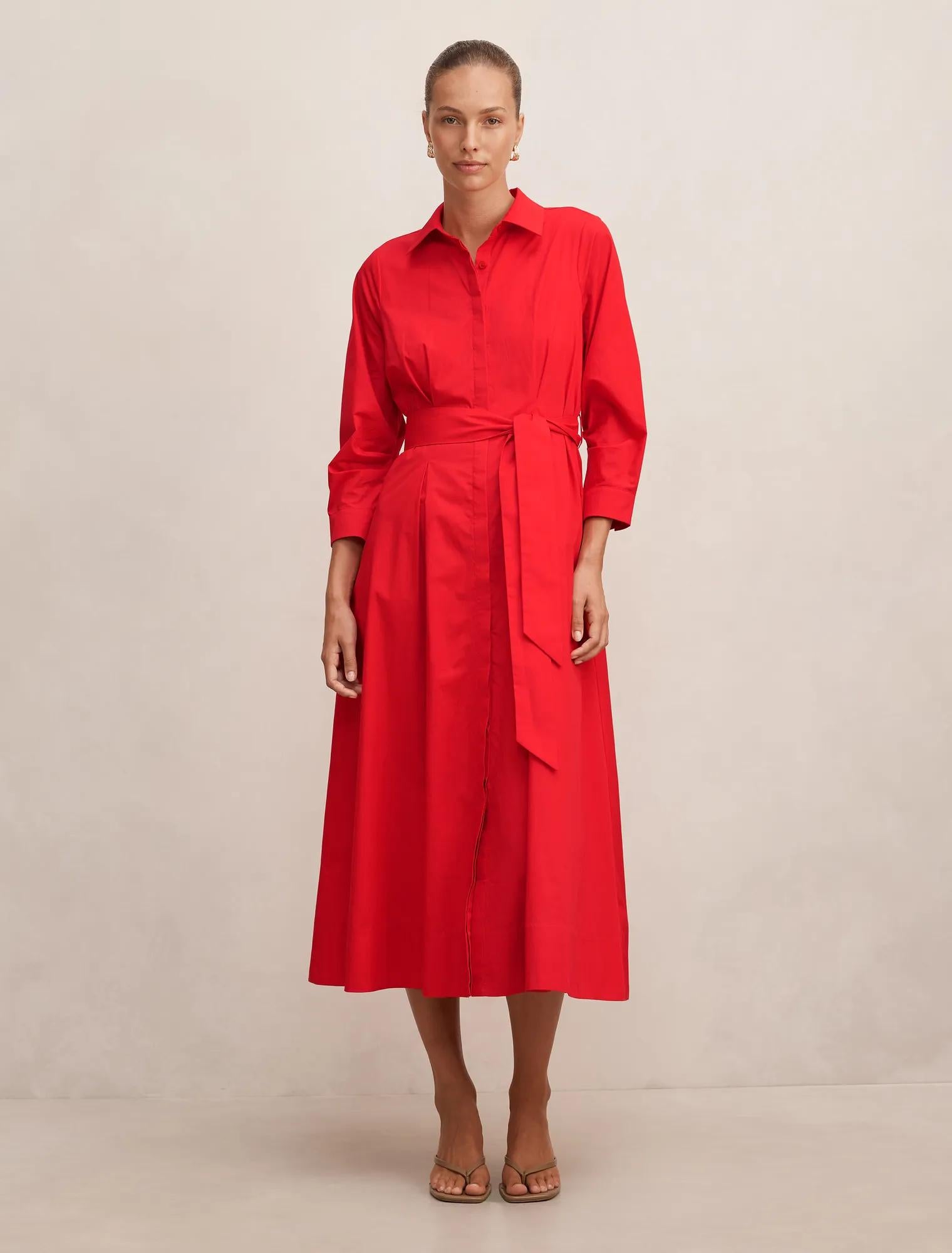Sally Cotton Shirt Midi Dress Red