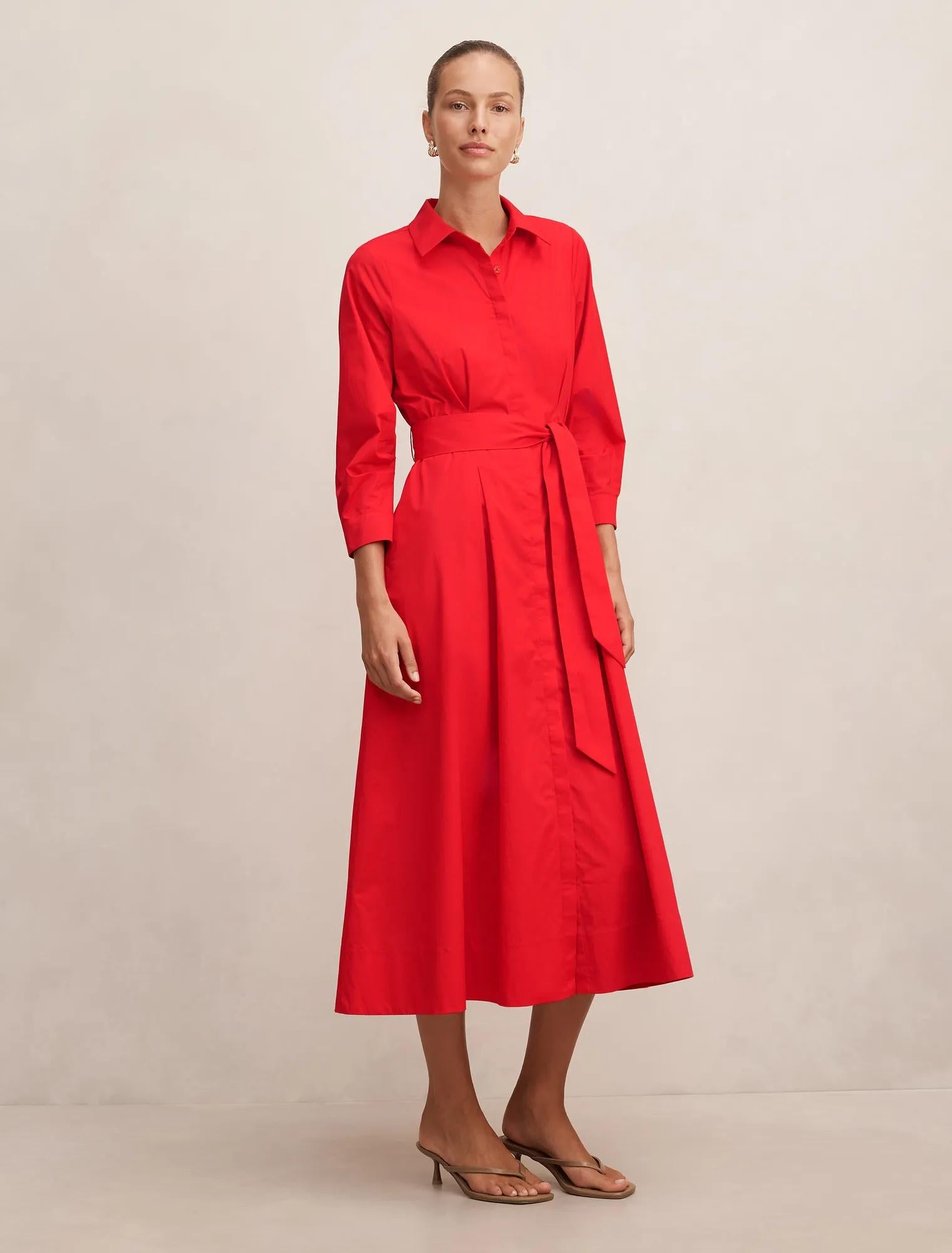 Sally Cotton Shirt Midi Dress Red