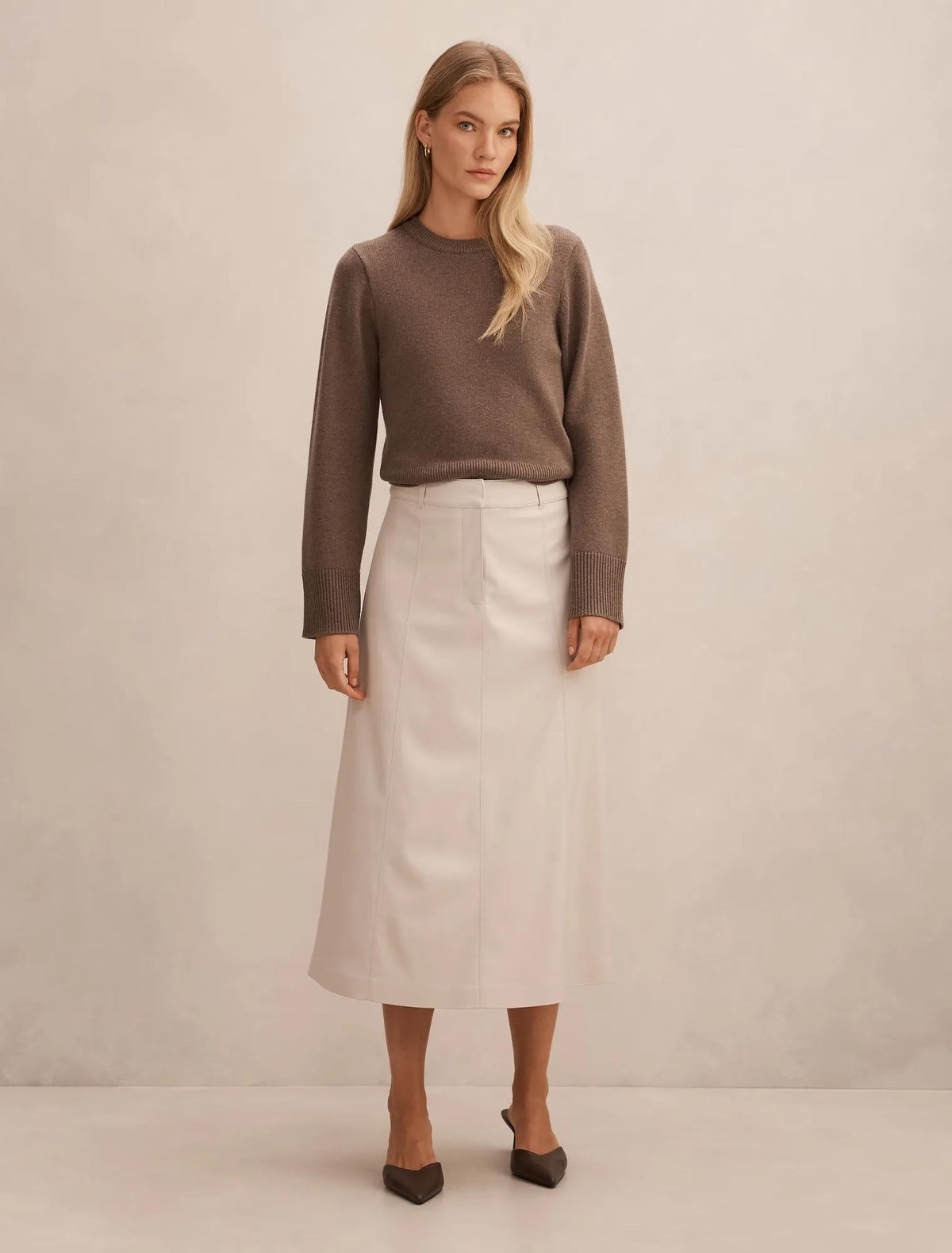 Isla Vegan Leather Midi Skirt Bone