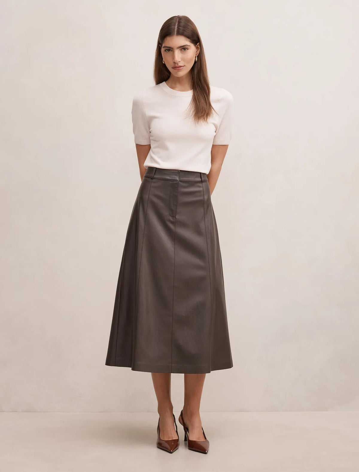Isla Vegan Leather Midi Skirt Chocolate
