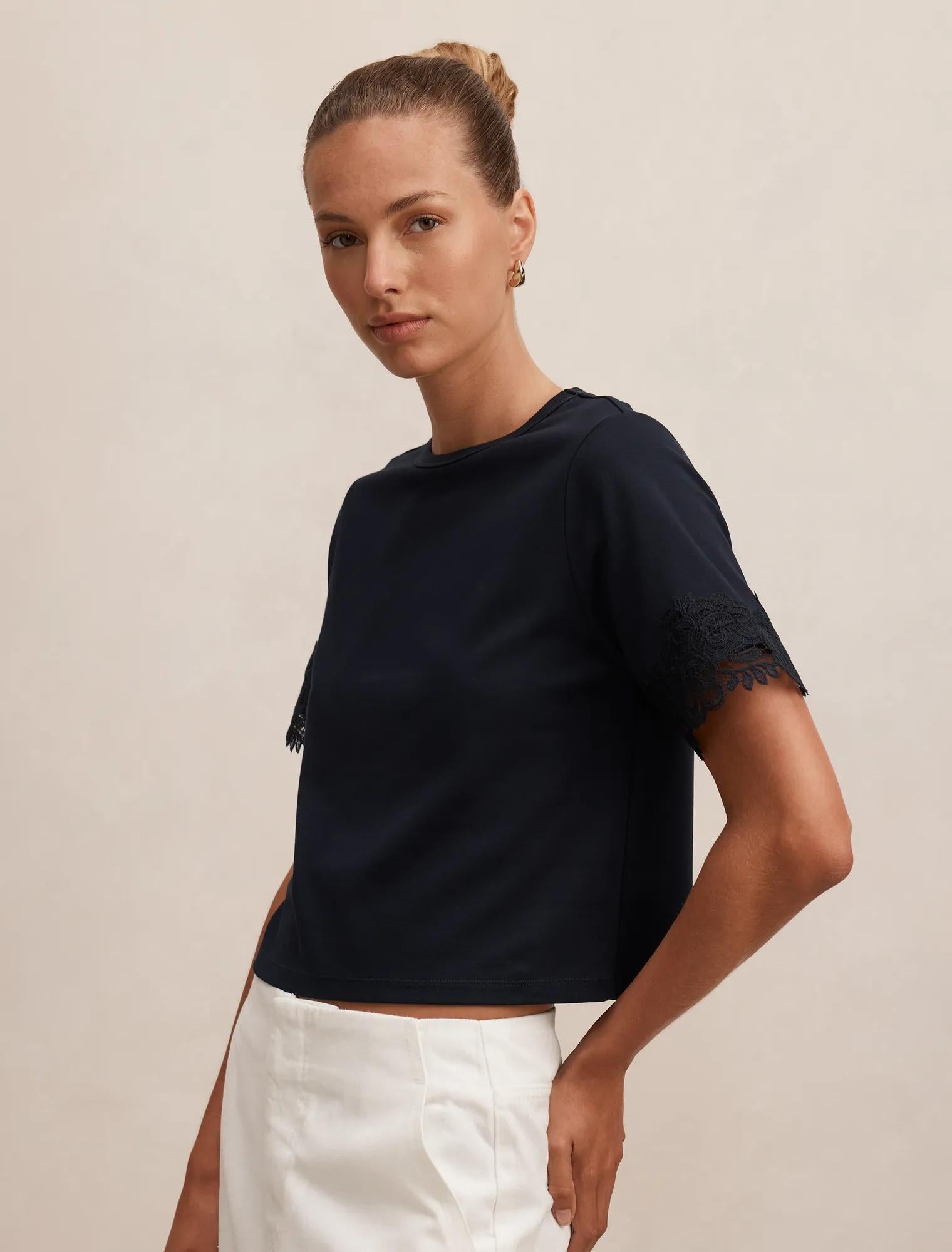 Rosemary Lace Trim Tee Navy