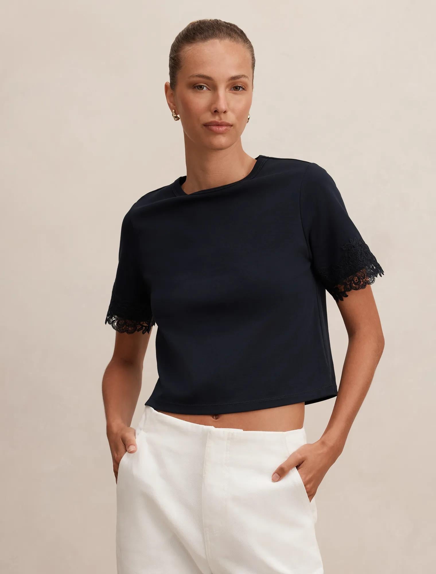 Rosemary Lace Trim Tee Navy