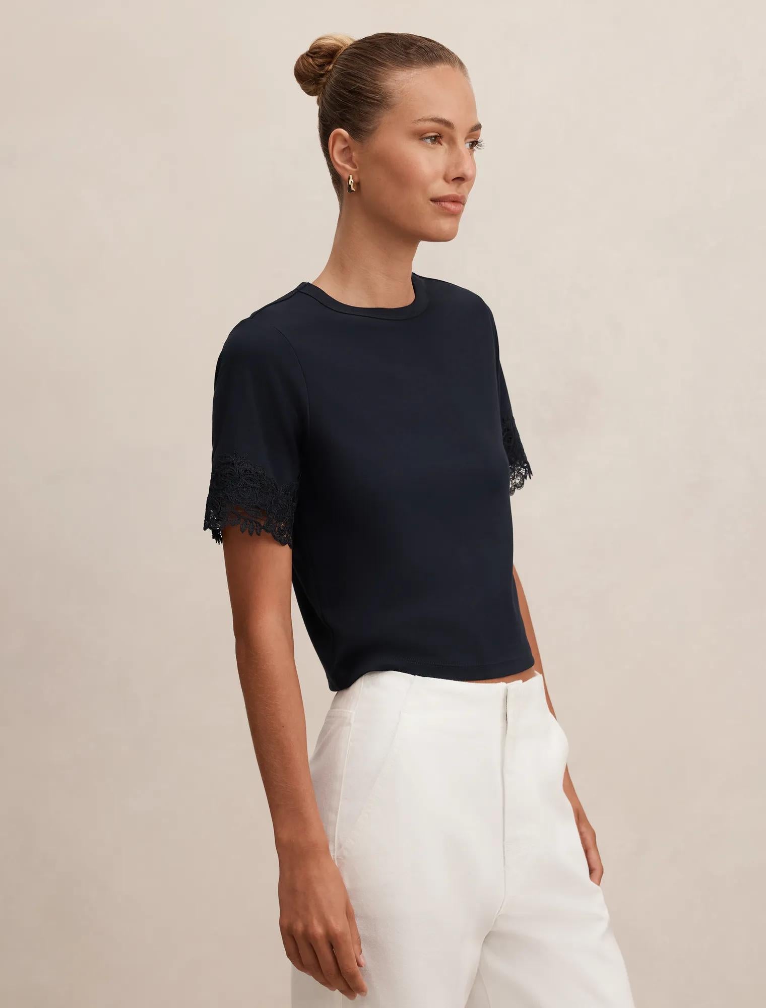Rosemary Lace Trim Tee Navy