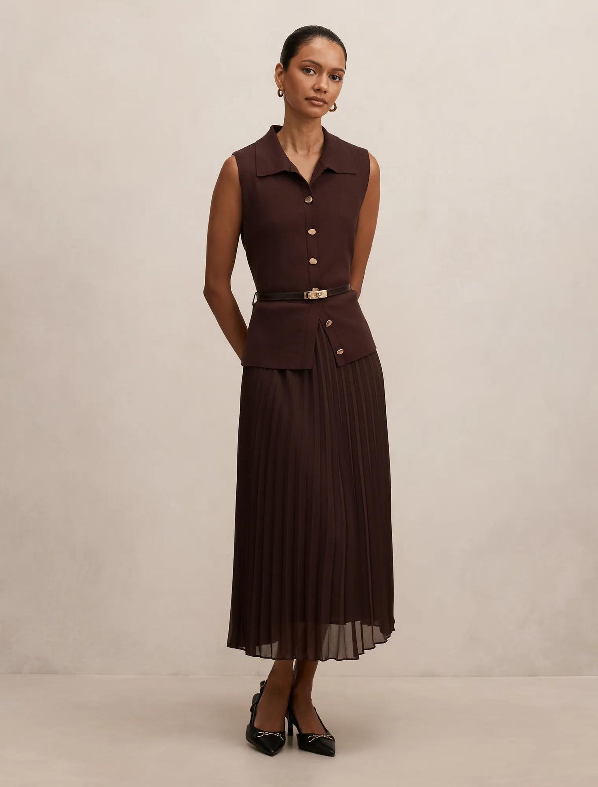 Chelsea Petite Pleat Mixed Midi Dress Chocolate