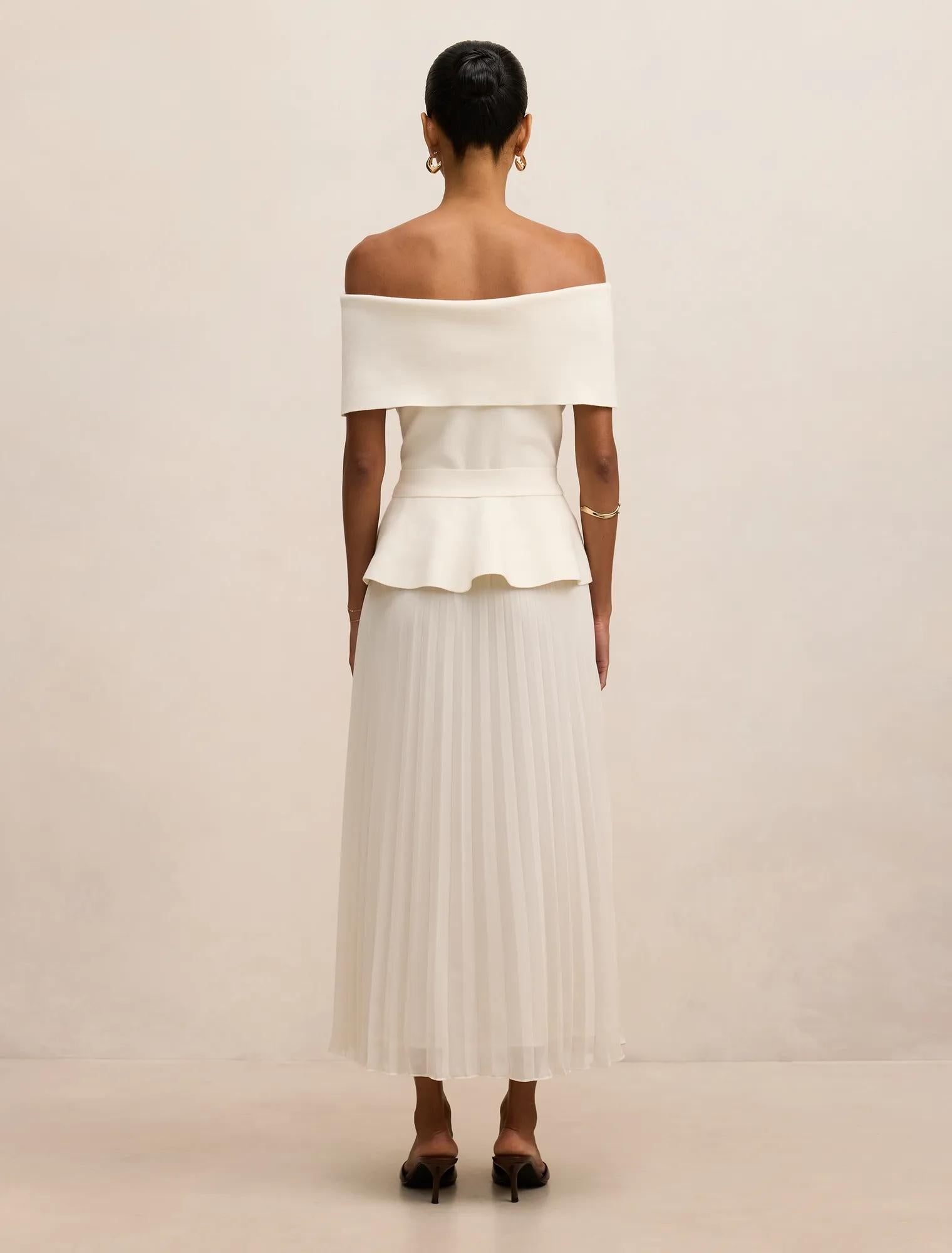 Charlotte Petite Bardot Pleat Mid Dress Cream
